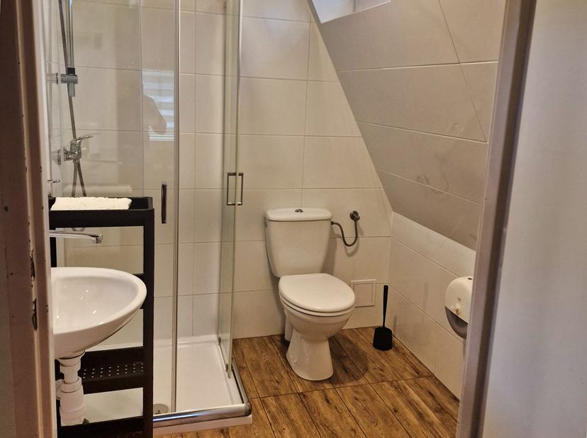 Łazienka z prysznicem w drewnianym domku